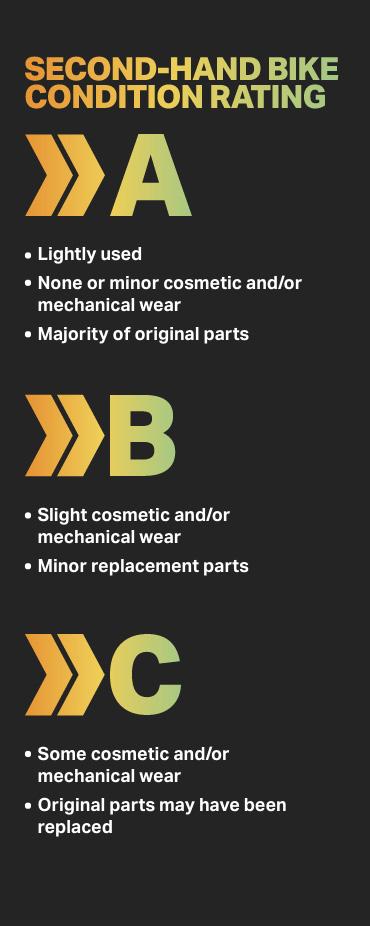 SECOND-HAND BIKE CONDITION RATING
        A
        Lightly used
        None or minor cosmetic and/or mechanical wear
        Majority of original parts 
        
        B
        Slight cosmetic and/or mechanical wear
        Minor replacement parts 
        
        C
        Some cosmetic and/or mechanical wear 
        Original parts may have been replaced